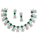 Rhodium-Plated Silver Toned Teardrop Green American Diamond Studded Necklace Earrings Jewellery Set