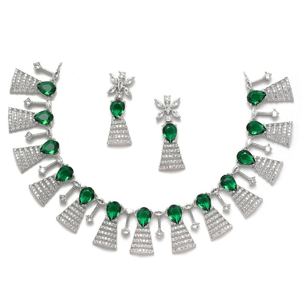Rhodium-Plated Silver Toned Teardrop Green American Diamond Studded Necklace Earrings Jewellery Set