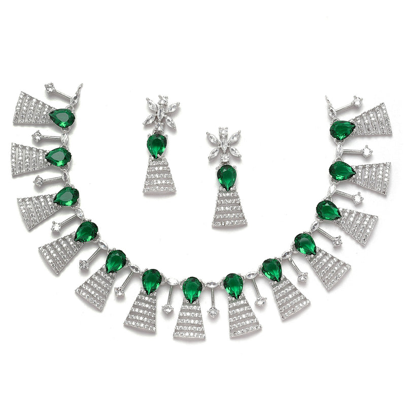 Rhodium-Plated Silver Toned Teardrop Green American Diamond Studded Necklace Earrings Jewellery Set