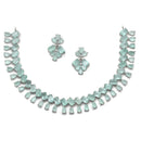 Rhodium-Plated Silver Toned Pear Sea Green American Diamond Studded Necklace Earrings Jewellery Set