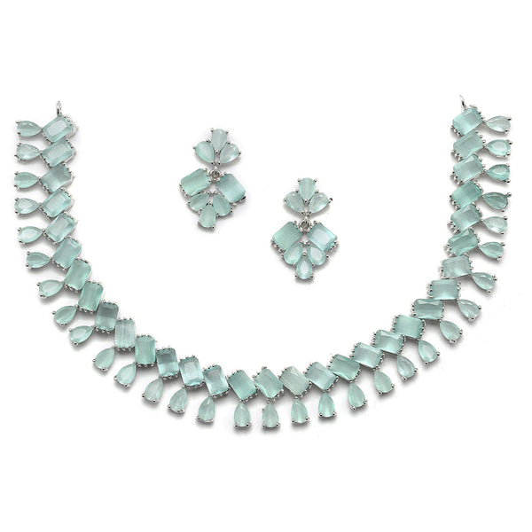 Rhodium-Plated Silver Toned Pear Sea Green American Diamond Studded Necklace Earrings Jewellery Set
