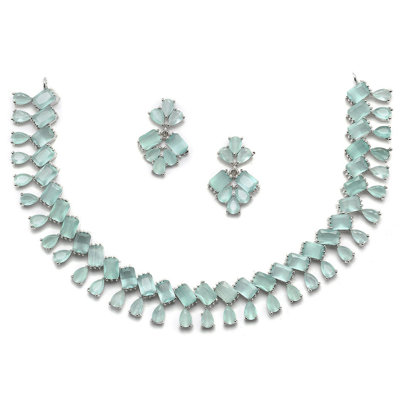 Rhodium-Plated Silver Toned Pear Sea Green American Diamond Studded Necklace Earrings Jewellery Set