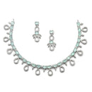 Rhodium-Plated Silver Toned Sea Green American Diamond Studded Necklace with Earrings Jewellery Set