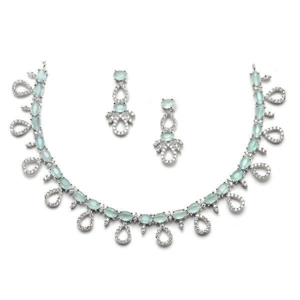 Rhodium-Plated Silver Toned Sea Green American Diamond Studded Necklace with Earrings Jewellery Set
