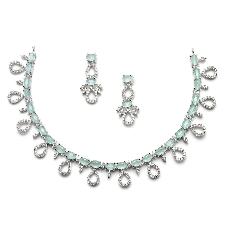 Rhodium-Plated Silver Toned Sea Green American Diamond Studded Necklace with Earrings Jewellery Set