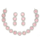 Rhodium-Plated with Silver-Toned Circular Shape Pink and White American Diamond Studded Jewellery Set