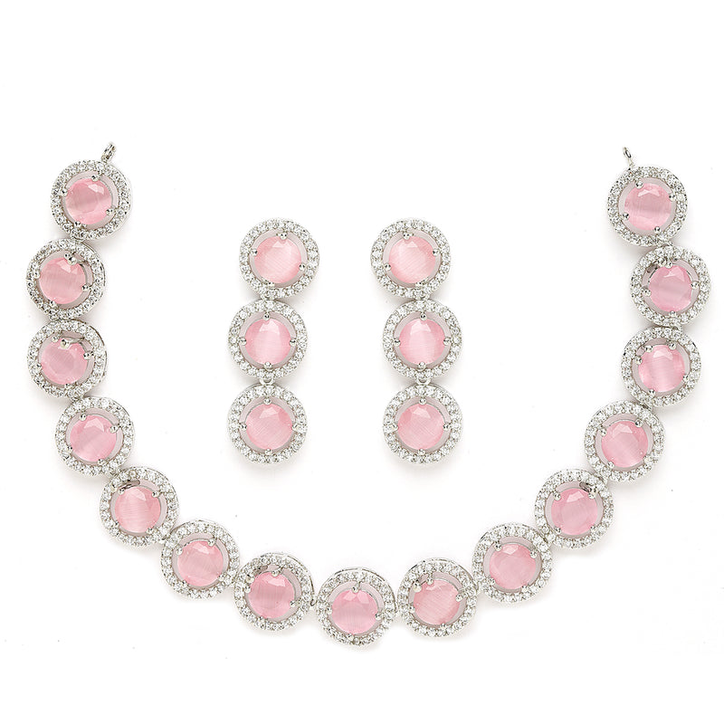 Rhodium-Plated with Silver-Toned Circular Shape Pink and White American Diamond Studded Jewellery Set