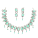 Rhodium-Plated Silver-Toned & Sea-Green American Diamond Stone-Studded Jewellery Set
