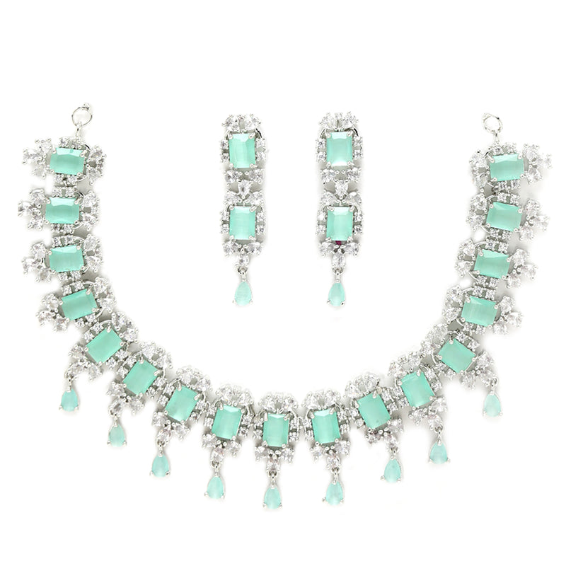 Rhodium-Plated Silver-Toned & Sea-Green American Diamond Stone-Studded Jewellery Set