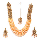 Flower Shaped Gold-Plated Champagne Kundan Studded & Pearl Beaded Multi-Stranded Jewellery Set