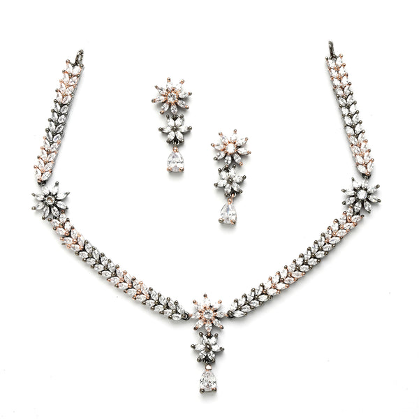 Rose Gold-Plated Floral Design Rose Black and White American Diamond Studded Jewellery Set