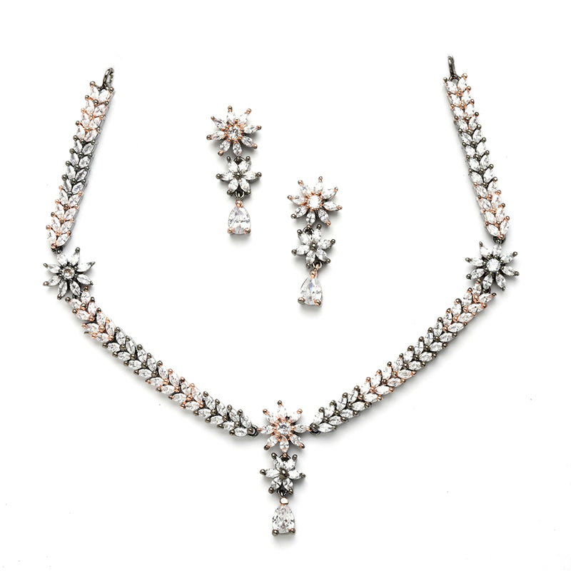 Rose Gold-Plated Floral Design Rose Black and White American Diamond Studded Jewellery Set