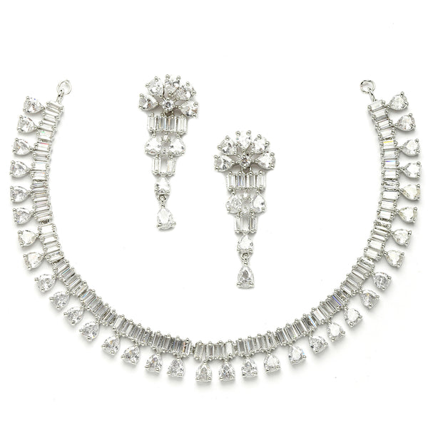 Rhodium-Plated with Silver-Toned White American Diamond Studded Jewellery Set