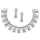 Rhodium-Plated Silver Toned Teardrop Sea Green American Diamond Studded Necklace Earrings Jewellery Set
