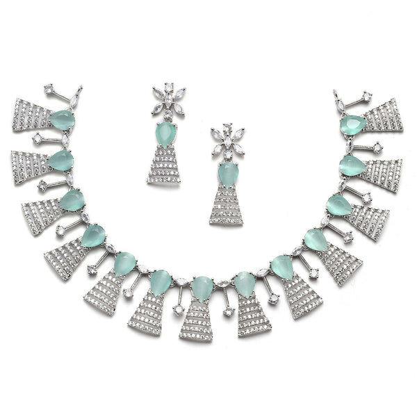 Rhodium-Plated Silver Toned Teardrop Sea Green American Diamond Studded Necklace Earrings Jewellery Set
