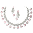 Rhodium-Plated with Silver-Toned Leaf Design Pink and White American Diamond Studded Jewellery Set