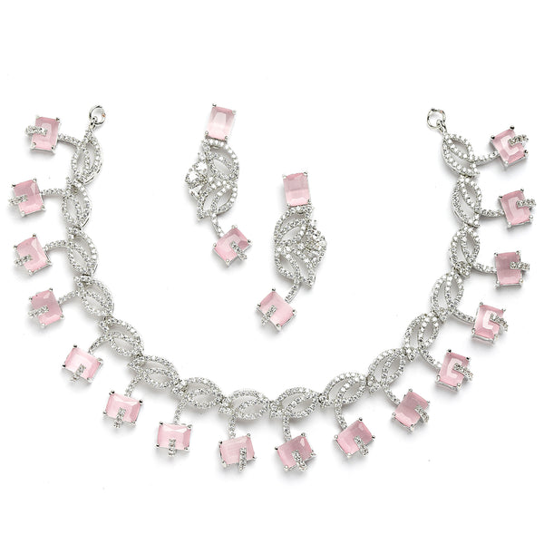 Rhodium-Plated with Silver-Toned Leaf Design Pink and White American Diamond Studded Jewellery Set