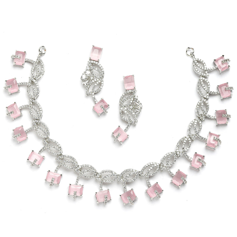 Rhodium-Plated with Silver-Toned Leaf Design Pink and White American Diamond Studded Jewellery Set