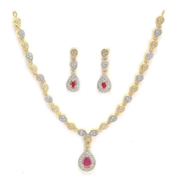Gold-Plated White & Pink American Diamond Studded Jewellery Set