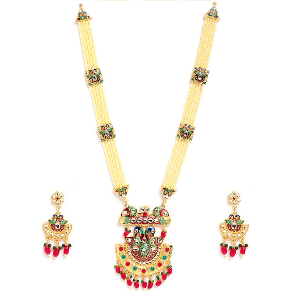 Meenakari Peacock Design Gold-Plated White Red Blue and Green Artificial Beads Studded Jewellery Set