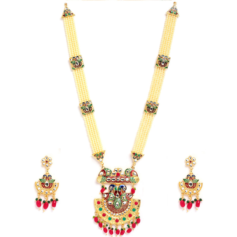 Meenakari Peacock Design Gold-Plated White Red Blue and Green Artificial Beads Studded Jewellery Set
