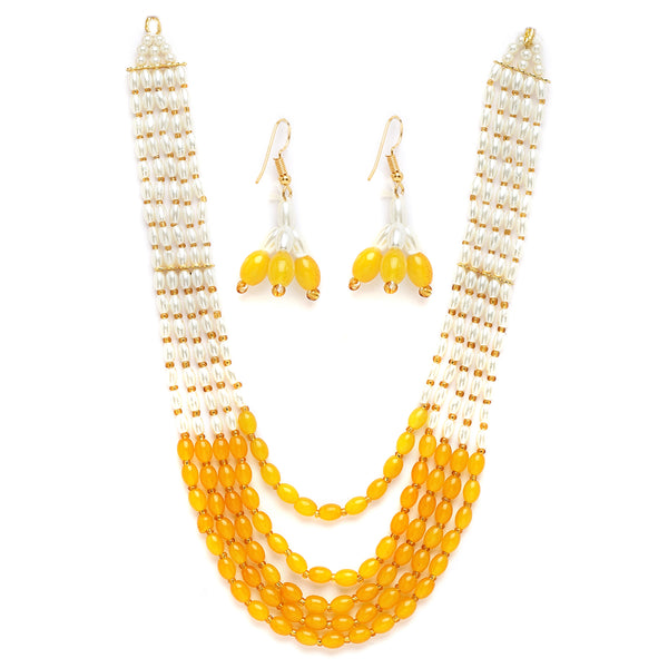 Gold-Plated Off-White & Yellow Pearl Beaded 5-Layered Jewellery Set