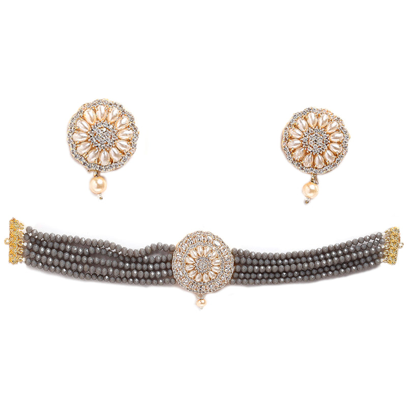 Grey & White Gold-Plated Pearl Studded & Beaded Jewellery Set