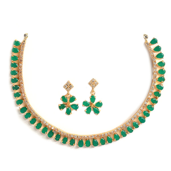 Floral Shaped Gold-Plated Green American Diamond Studded Necklace Set with Earrings