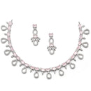 Rhodium-Plated Silver Toned Pink American Diamond Studded Necklace with Earrings Jewellery Set