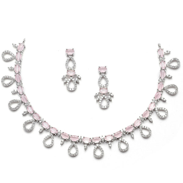 Rhodium-Plated Silver Toned Pink American Diamond Studded Necklace with Earrings Jewellery Set
