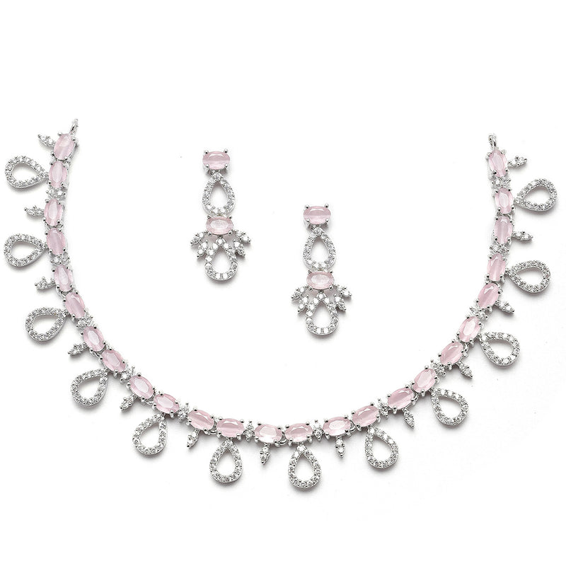 Rhodium-Plated Silver Toned Pink American Diamond Studded Necklace with Earrings Jewellery Set