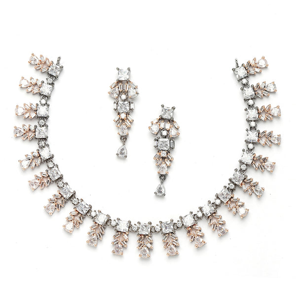 Rose Gold-Plated Leaf Design Rose Black and White American Diamond Studded Jewellery Set