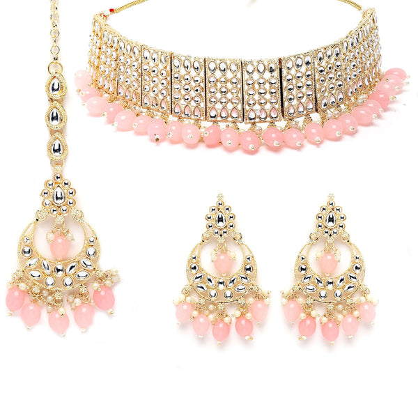 Meenakari Gold-Plated White & Pink Kundan-Studded & Pearl Beaded Jewellery Set
