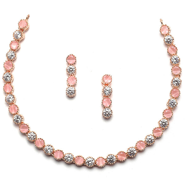 Rose Gold-Plated Round Pink & White American Diamond Studded Necklace Earrings Jewellery Set