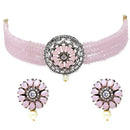 Rhodium-Plated with Silver-Tone Pink Stone Studded Oxidized Choker Jewellery Set