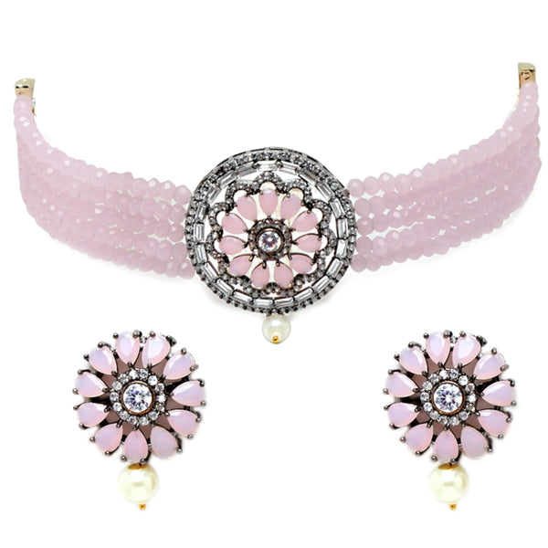 Rhodium-Plated with Silver-Tone Pink Stone Studded Oxidized Choker Jewellery Set