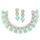 Rhodium-Plated with Silver-Toned Sea Green and White American Diamond Studded Choker Necklace and Drop Earrings Jewellery Set