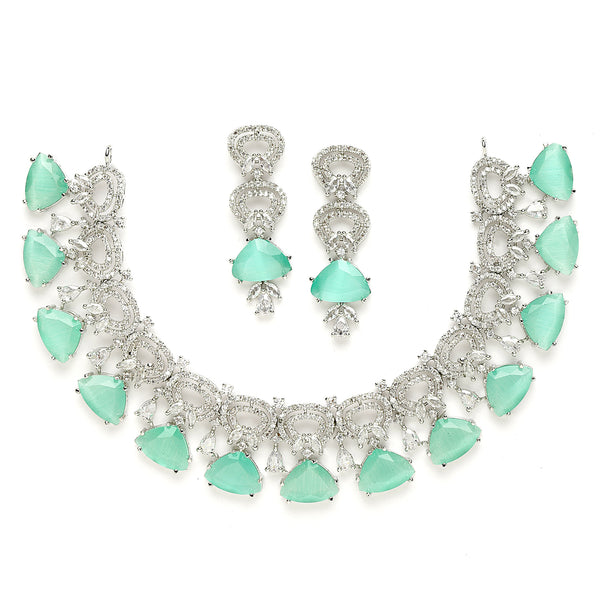Rhodium-Plated with Silver-Toned Sea Green and White American Diamond Studded Choker Necklace and Drop Earrings Jewellery Set