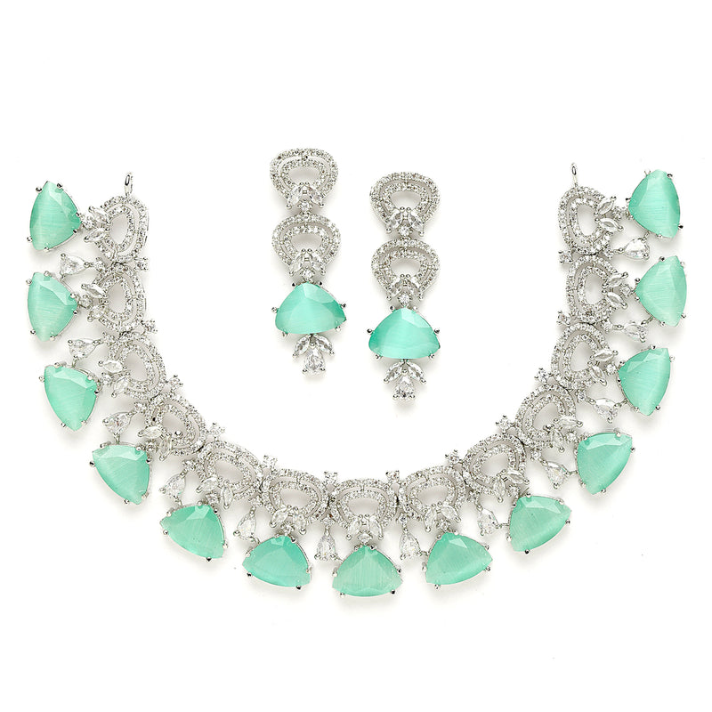 Rhodium-Plated with Silver-Toned Sea Green and White American Diamond Studded Choker Necklace and Drop Earrings Jewellery Set