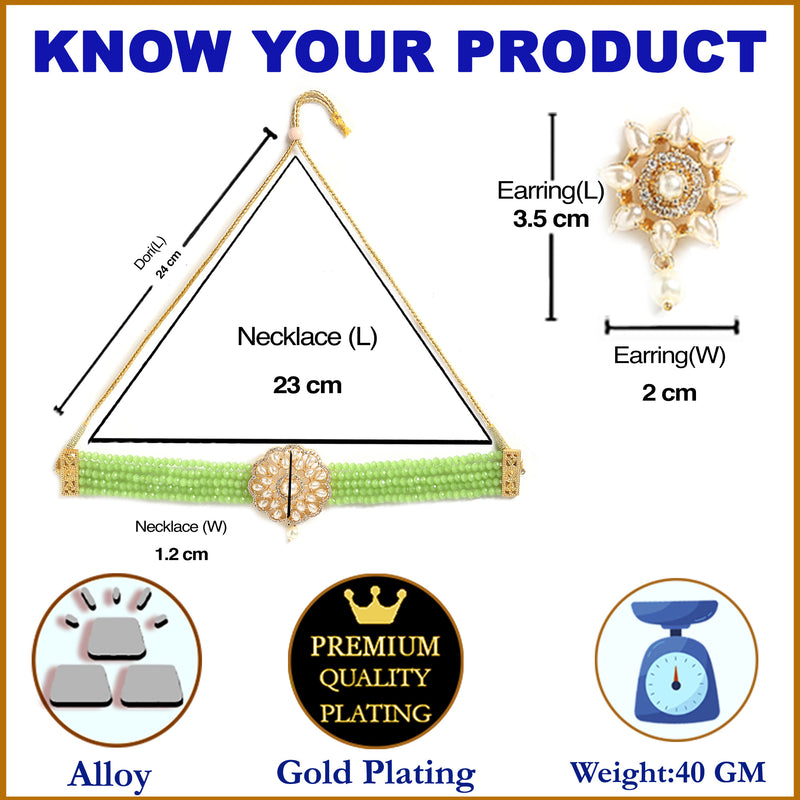 Pearl Detailing with Gold Plating Lime Green Beads Strap Choker Jewellery Set