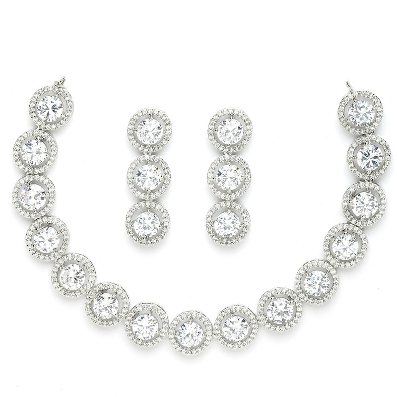 Rhodium-Plated with Silver-Toned Circular Shape White American Diamond Studded Jewellery Set