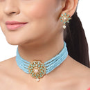 Teal Blue & Turquoise Blue Gold-Plated American Diamond Studded & Beaded Multistrand Necklace Set