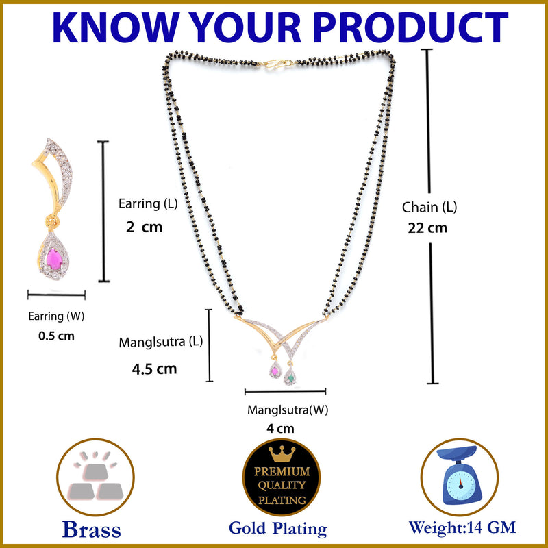 Mangalsutra Gold Plated American Diamond Red and Green Stud Tanmaniya Nallapusalu Pendant with Earrings for Women's Pride