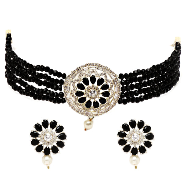 Rhodium-Plated with Oxidized Silver-Tone Black & White Stones-Studded & Pearl-Beaded Jewellery Set