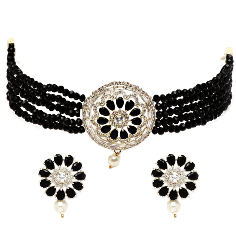 Rhodium-Plated with Oxidized Silver-Tone Black & White Stones-Studded & Pearl-Beaded Jewellery Set