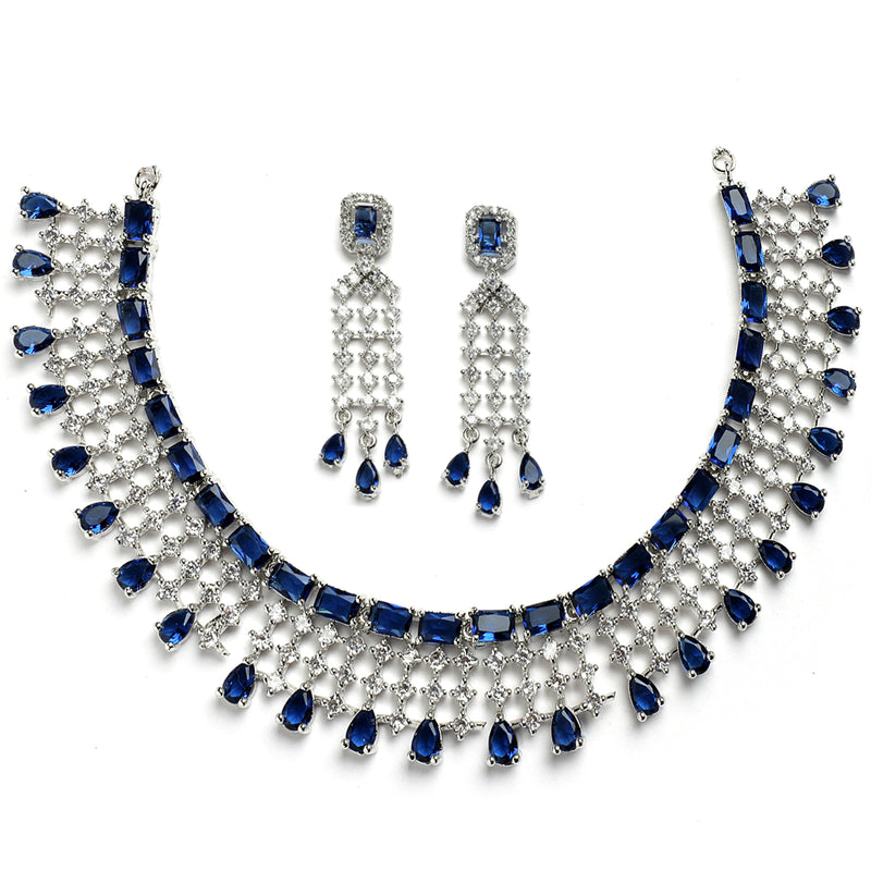 Rhodium-Plated with Silver-Toned Navy Blue American Diamond Studded Jewellery Set