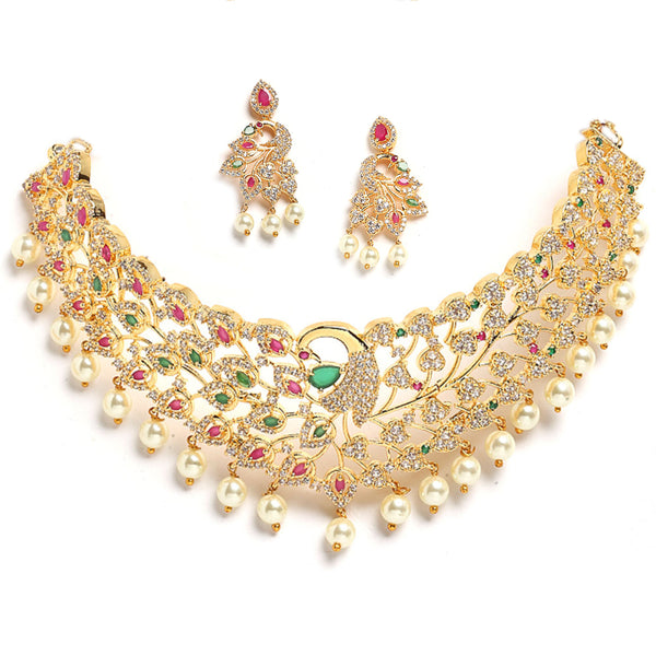 Peacock Design Choker with Gold-Plated Red American Diamond Studded Jewelry Set