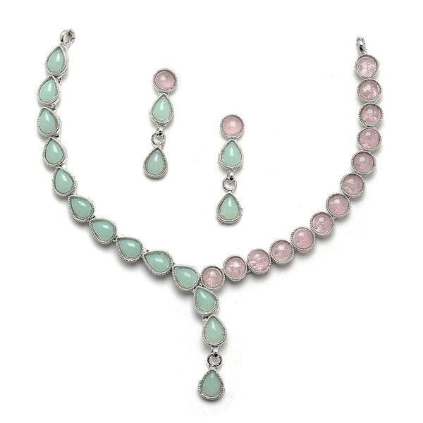 Oxidised Silver-Plated Lime Green-Pink American Diamond Studded Necklace with Earring Jewellery Set