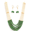 Gold-Plated Green & White Pearl Beaded 5 Layered Necklace with Drop Earrings Jewelry Set