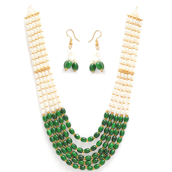 Gold-Plated Green & White Pearl Beaded 5 Layered Necklace with Drop Earrings Jewelry Set
